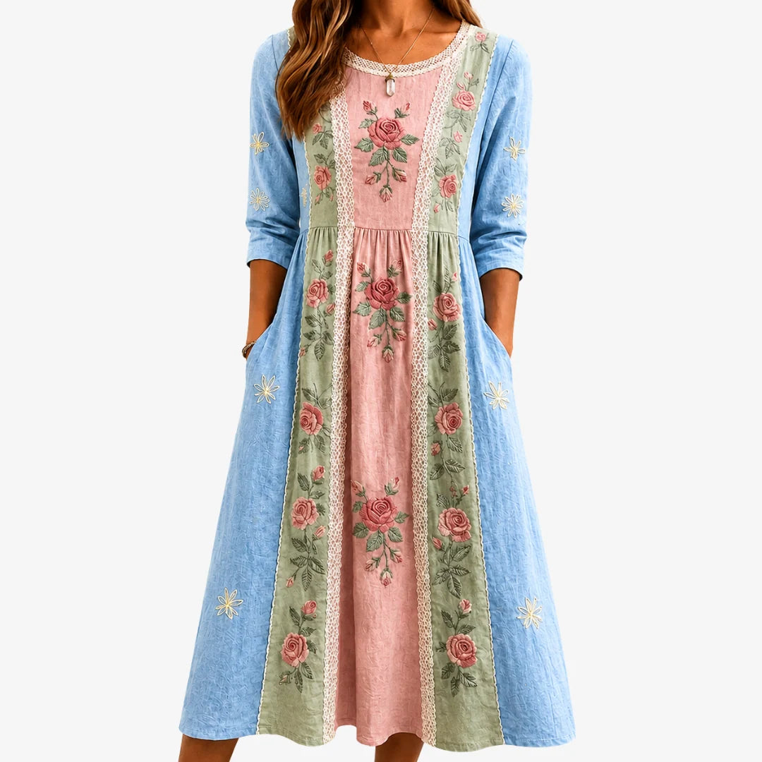Anneliese | Pink Floral Midi Dress with Blue Side Panels 0