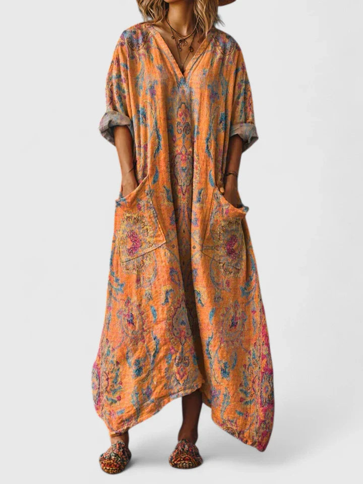 Bohemian Elegant Dress with V-Neckline and Deep Pockets 0
