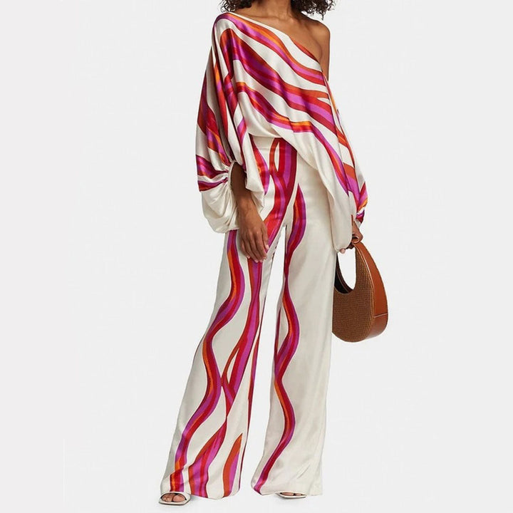 Elegant Two-Piece Summer Set for Women - Off-Shoulder Lantern Sleeve & Wide-Leg Trousers 0