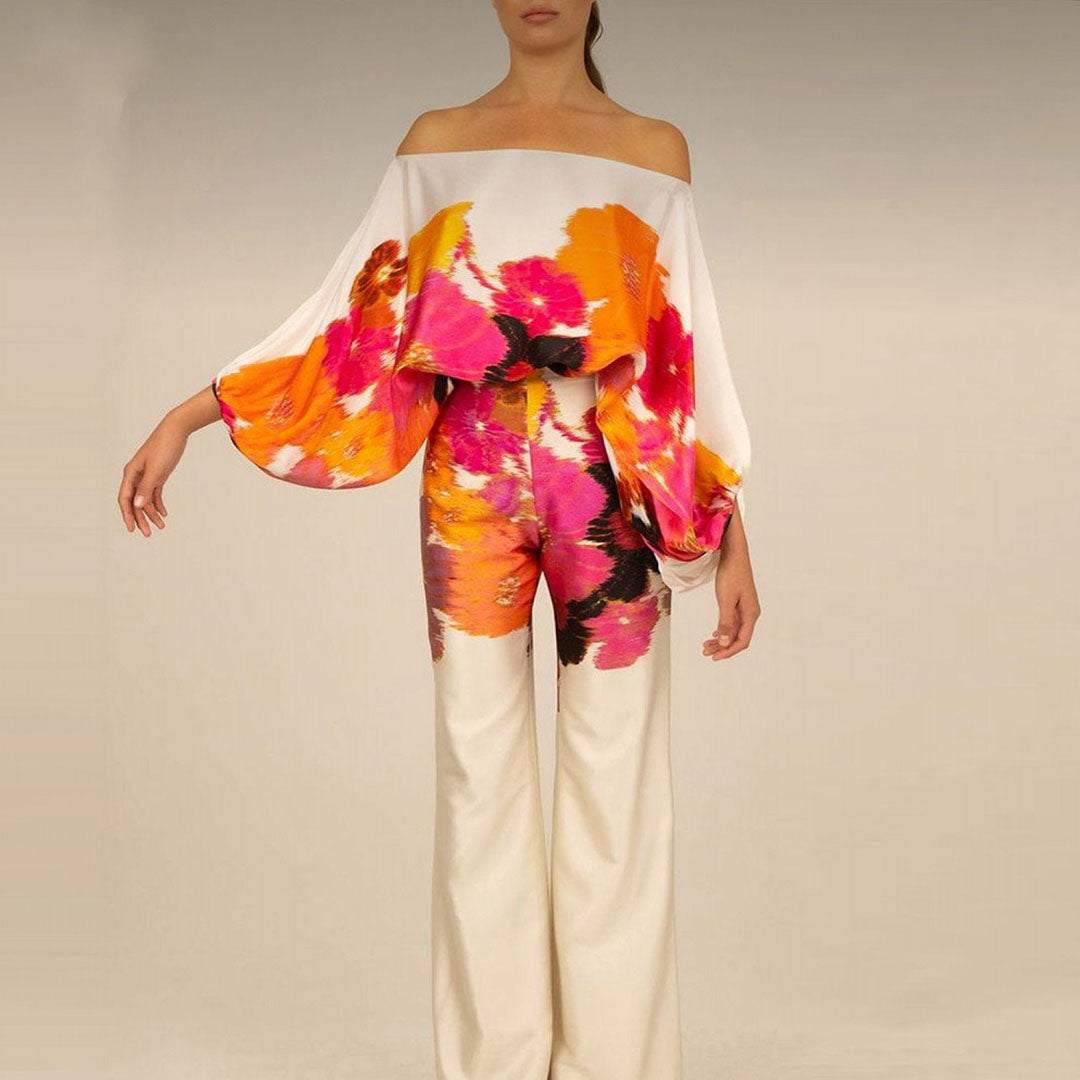Elegant Two-Piece Summer Set for Women - Off-Shoulder Lantern Sleeve & Wide-Leg Trousers 1