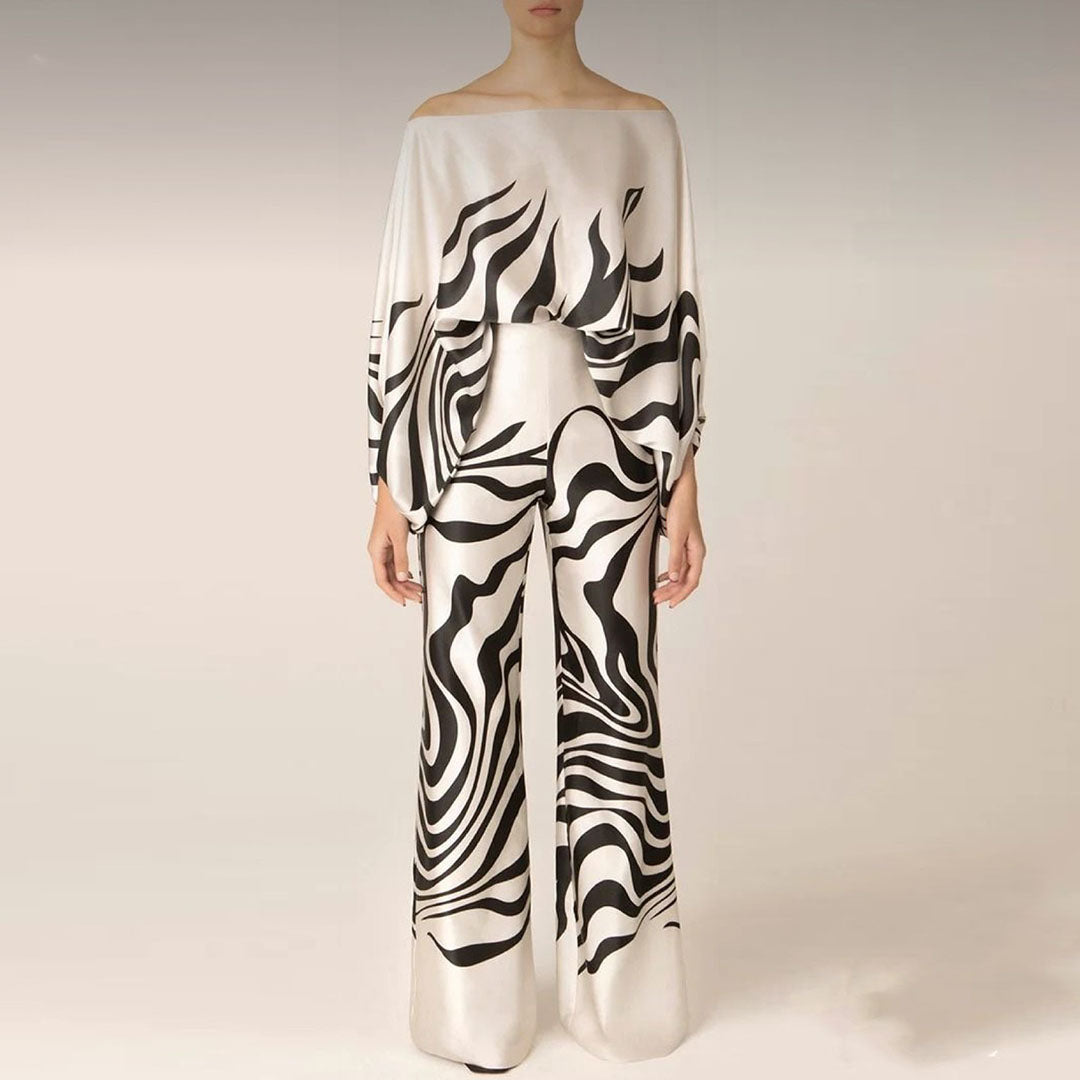 Elegant Two-Piece Summer Set for Women - Off-Shoulder Lantern Sleeve & Wide-Leg Trousers 3