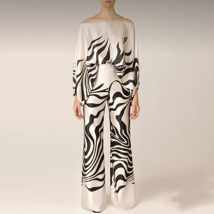 Elegant Two-Piece Summer Set for Women - Off-Shoulder Lantern Sleeve & Wide-Leg Trousers 3