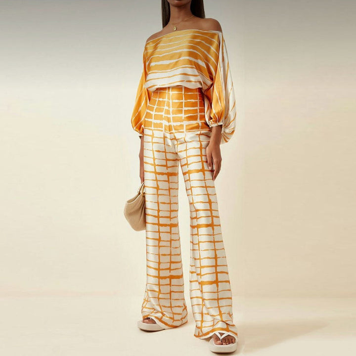 Elegant Two-Piece Summer Set for Women - Off-Shoulder Lantern Sleeve & Wide-Leg Trousers 5