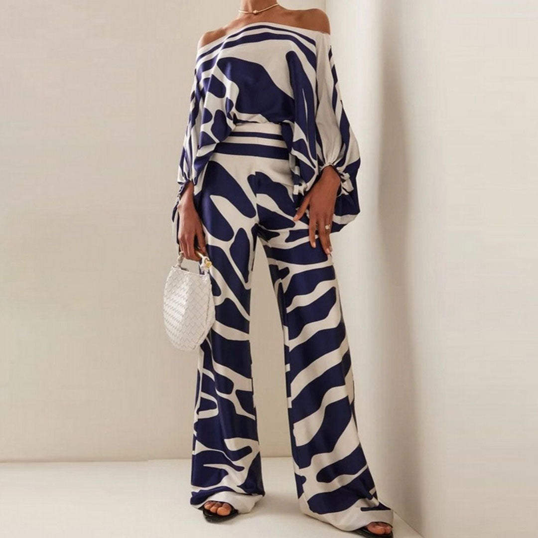 Elegant Two-Piece Summer Set for Women - Off-Shoulder Lantern Sleeve & Wide-Leg Trousers 6