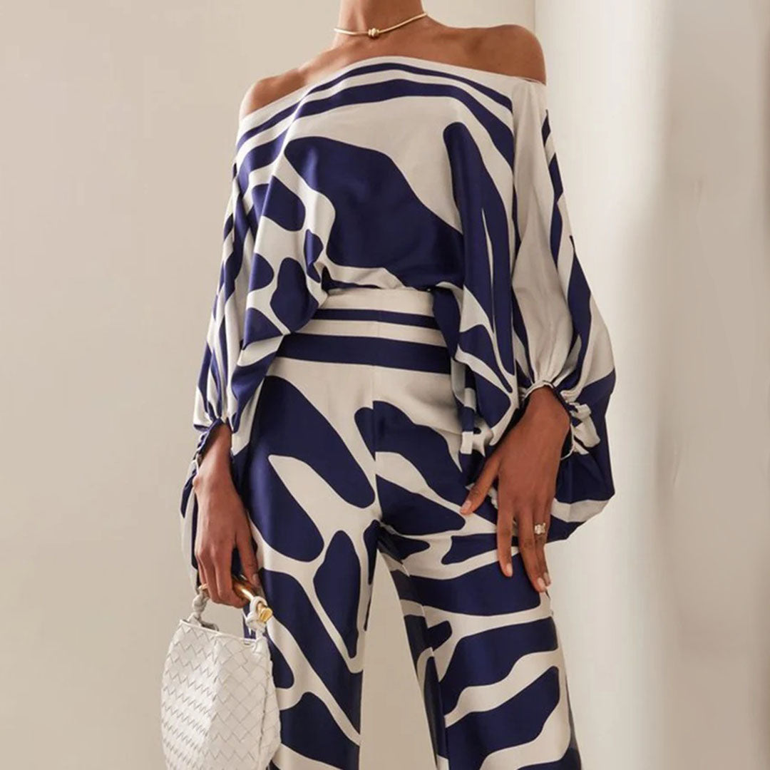 Elegant Two-Piece Summer Set for Women - Off-Shoulder Lantern Sleeve & Wide-Leg Trousers 7