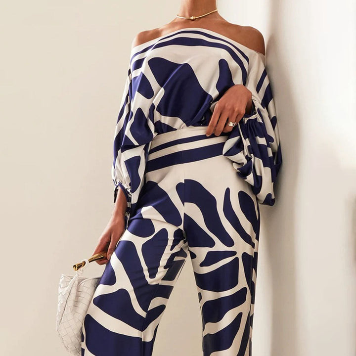 Elegant Two-Piece Summer Set for Women - Off-Shoulder Lantern Sleeve & Wide-Leg Trousers 8