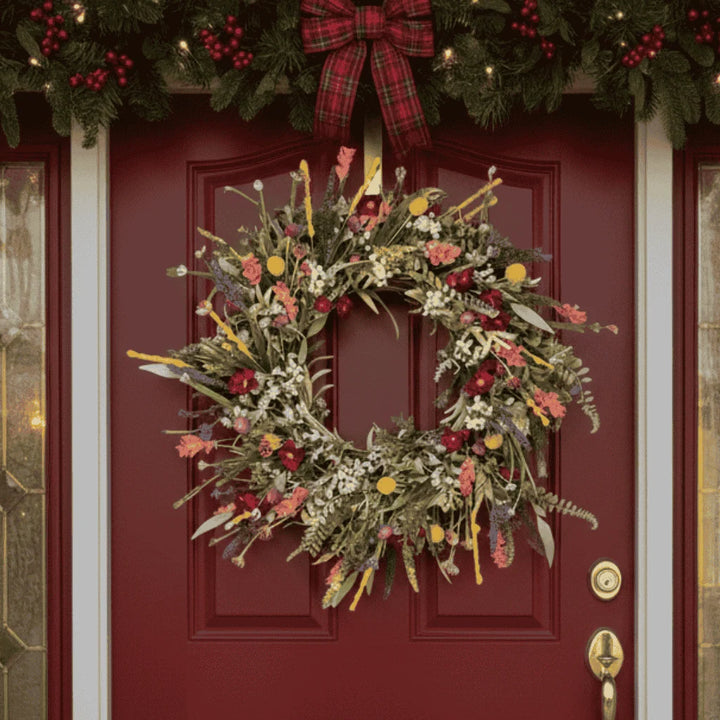 Lush Door Wreath with Realistic Blossoms and Balanced Color Accents 0