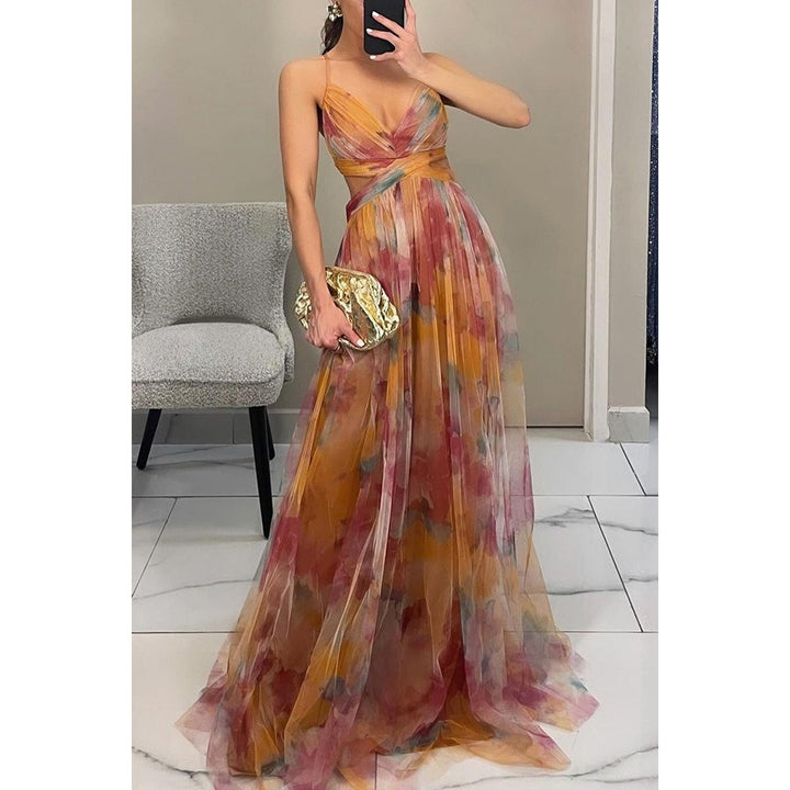 Elegant Women's V-Neck Maxi Dress with Flowing Skirt