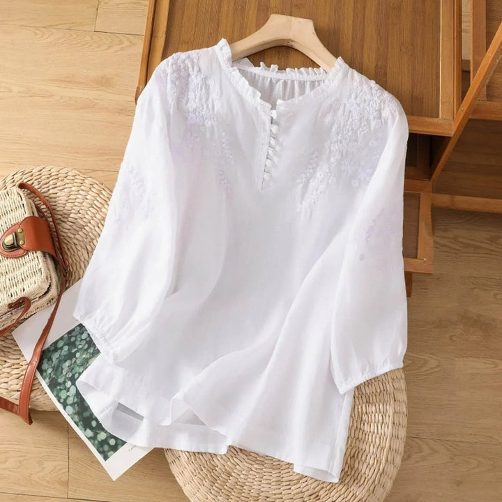 Women's Bohemian Blouse with Floral Embroidery Ruffle Collar Puff Sleeves 1