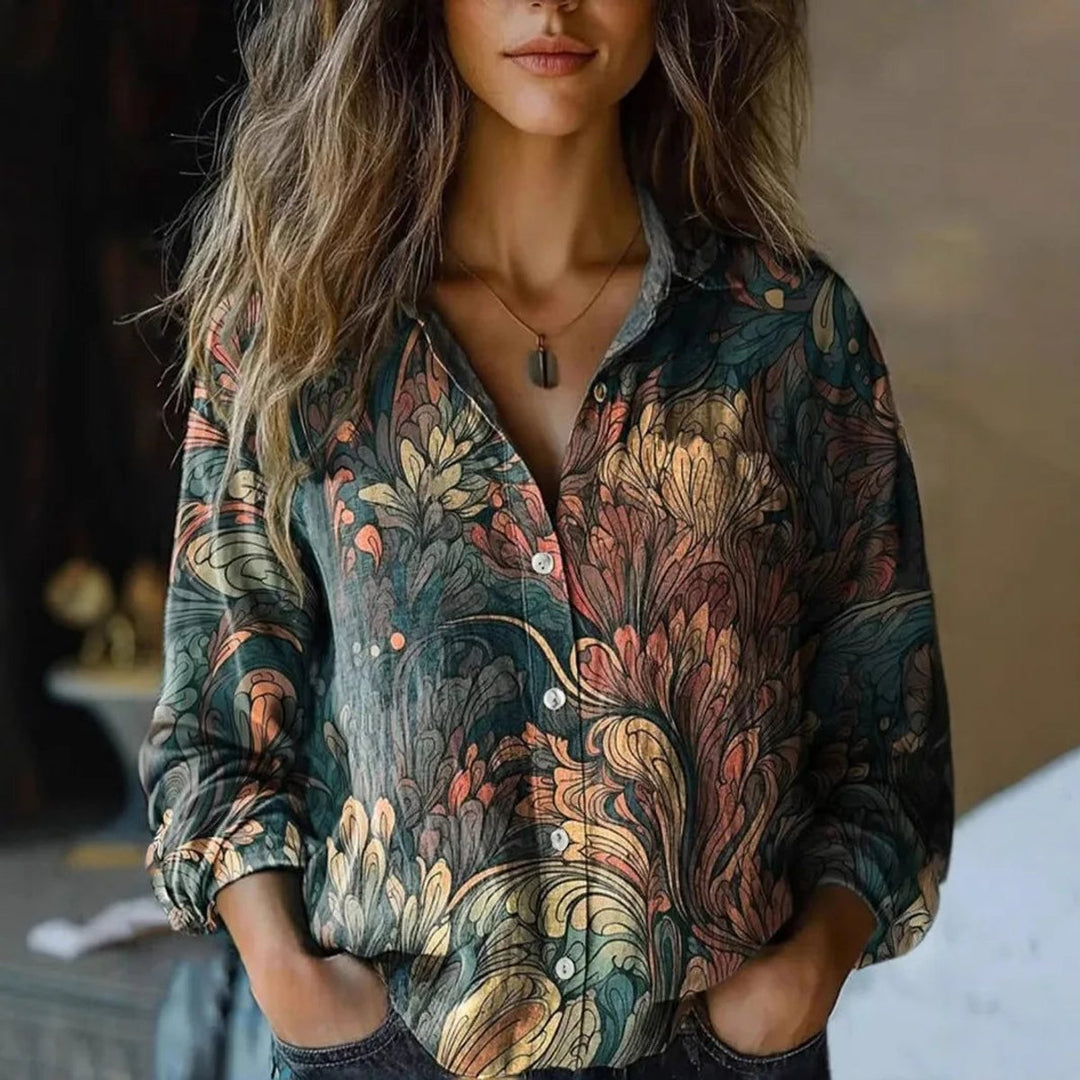 Women's Boho Long Sleeve Floral Blouse Buttoned Lapel Collar 3