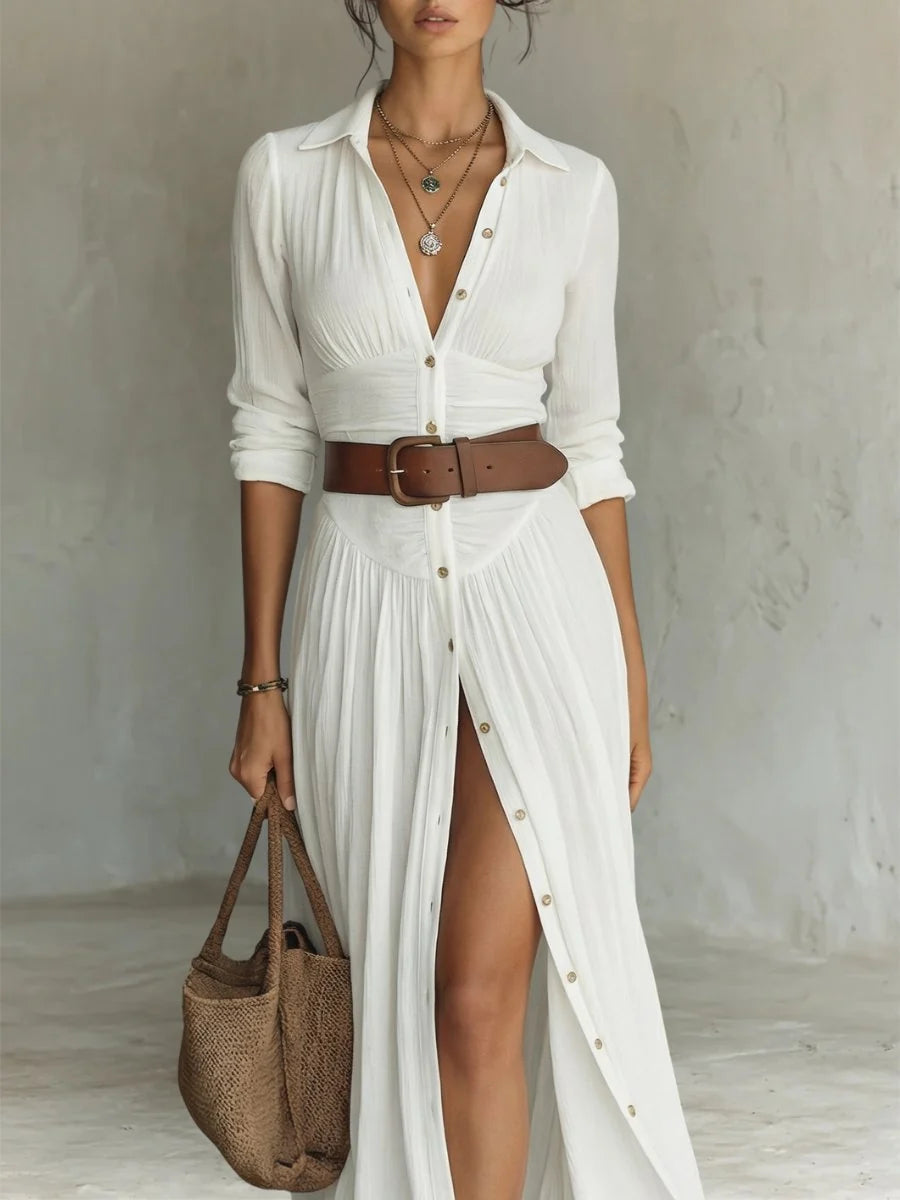 Women's Boho Maxi Shirt Dress with Button Placket and Waist Belt for Fall 2