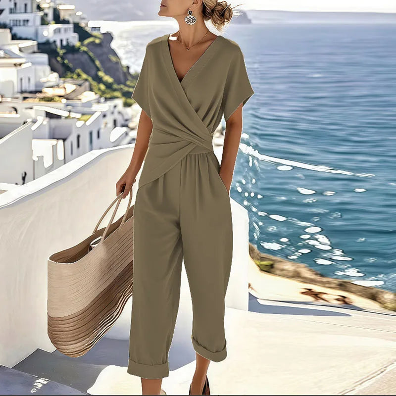 Women's Casual V Neck Short Sleeve Jumpsuit 2