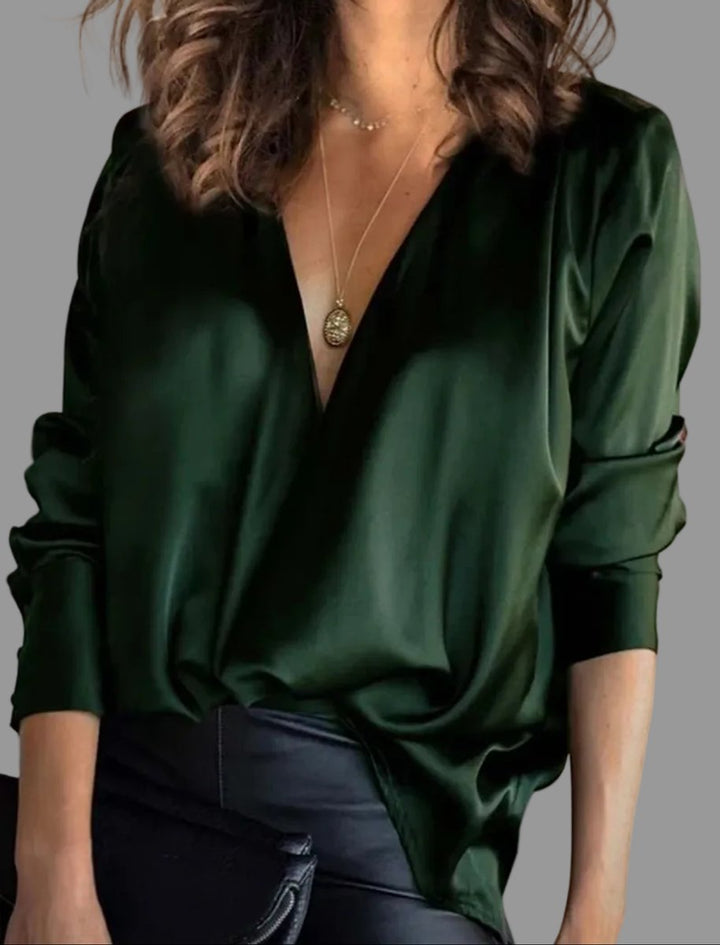 Women's Elegant Satin Blouse Deep V-Neck Long Sleeve Stylish Top 0
