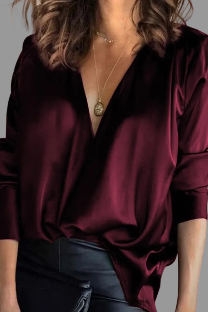 Women's Elegant Satin Blouse Deep V-Neck Long Sleeve Stylish Top 1
