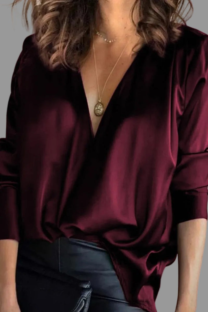 Women's Elegant Satin Blouse Deep V-Neck Long Sleeve Stylish Top 1