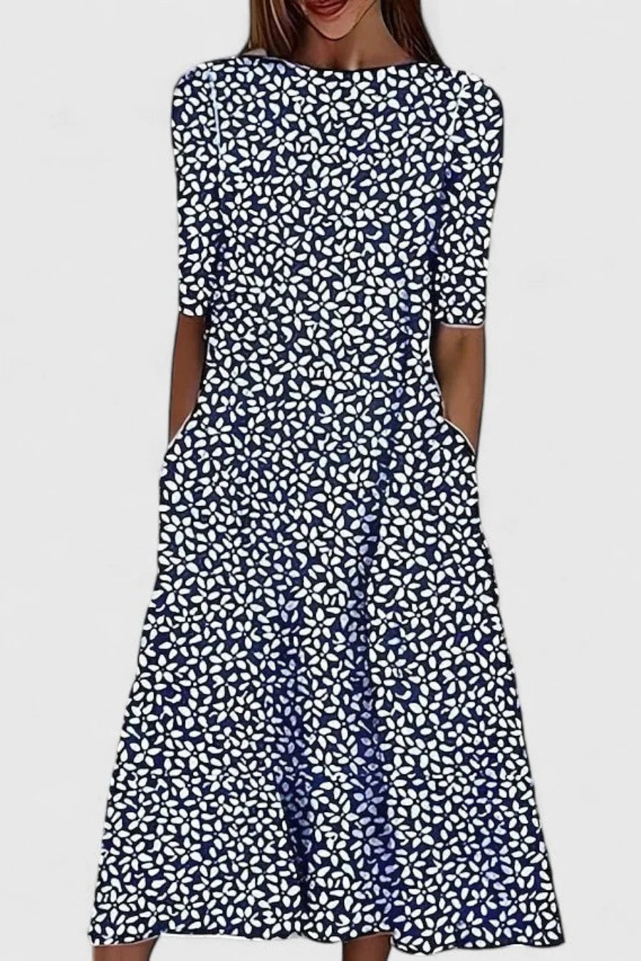 Women's Floral A-Line Midi Dress with Round Neck and Side Pockets 2