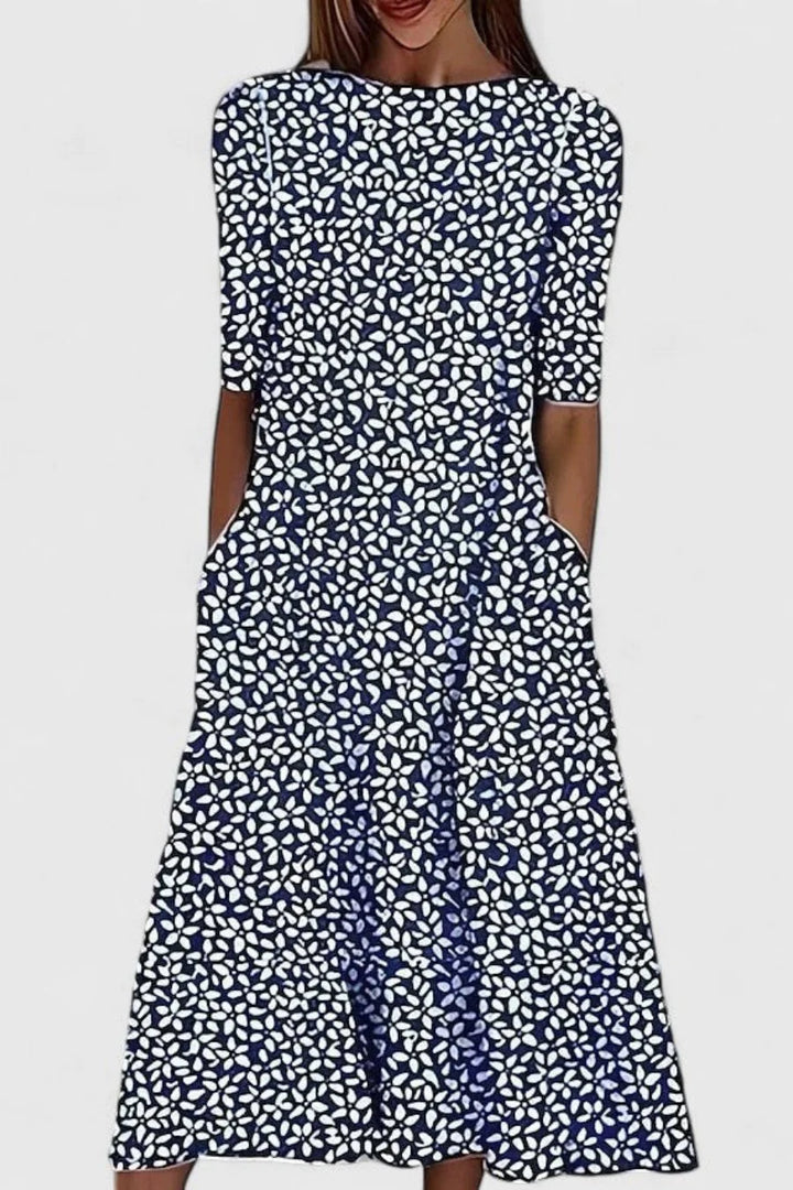 Women's Floral A-Line Midi Dress with Round Neck and Side Pockets 2
