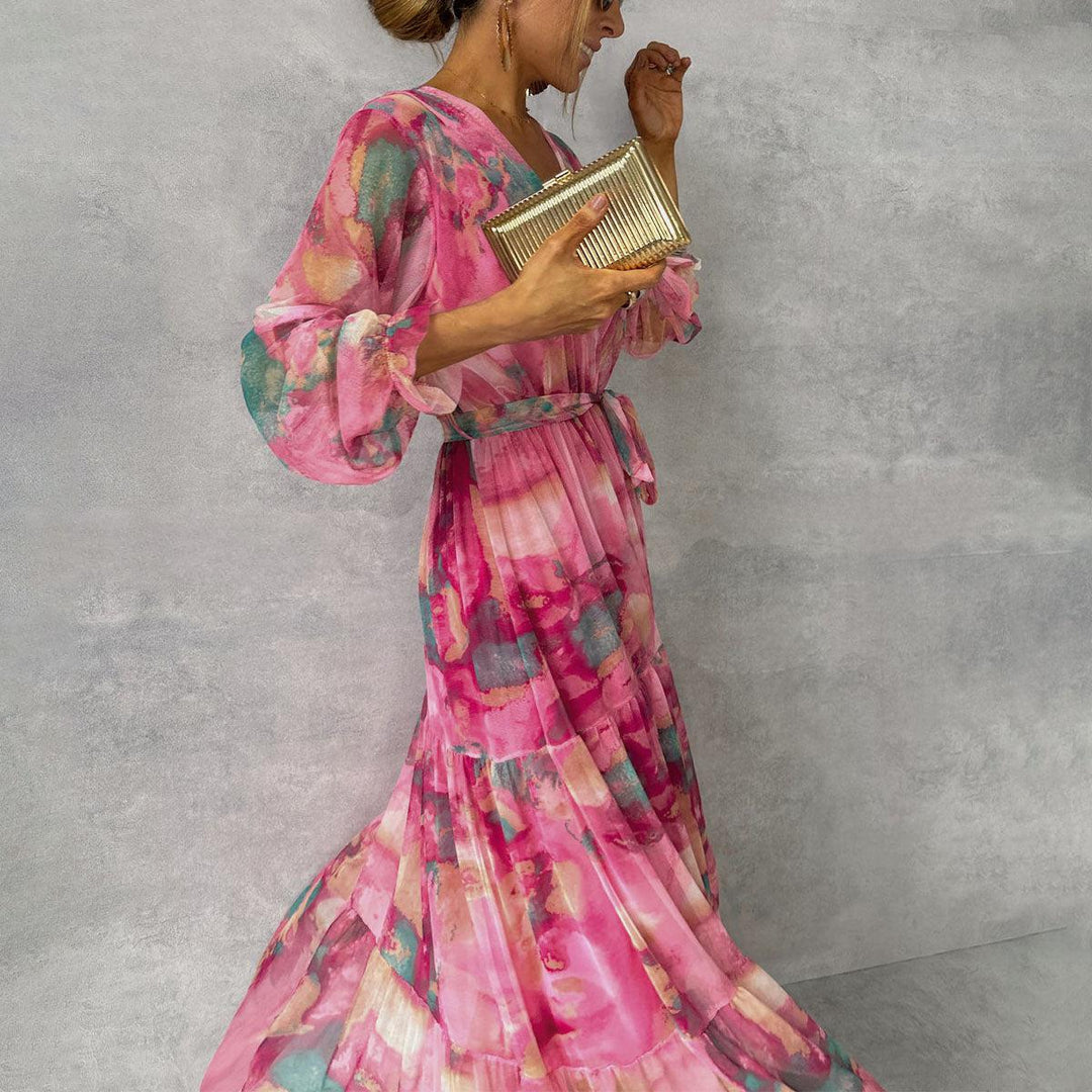 Women's Flowing Pleated Maxi Dress with Belt Floral Pattern Elegant Evening Dress 0