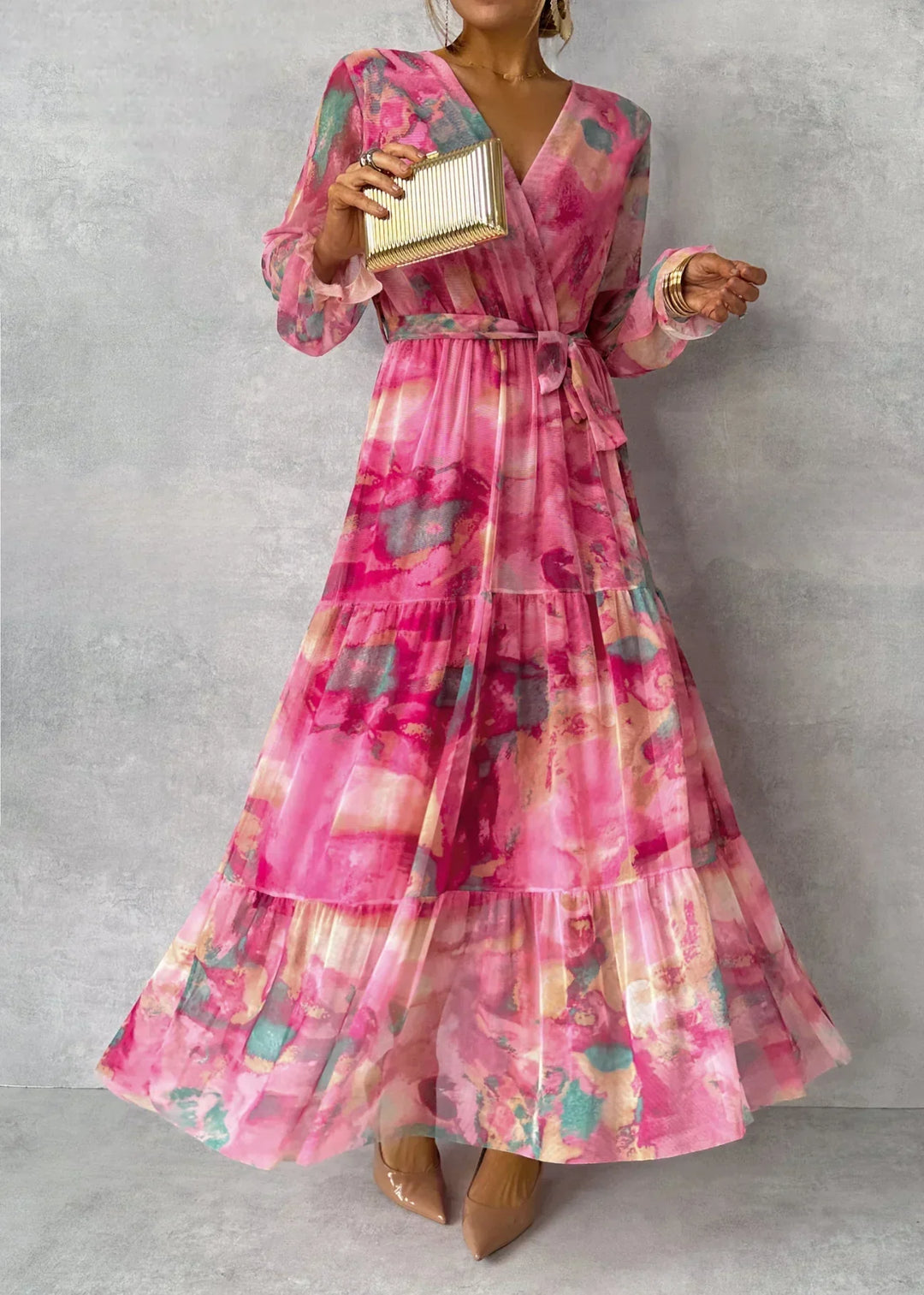 Women's Flowing Pleated Maxi Dress with Belt Floral Pattern Elegant Evening Dress 1