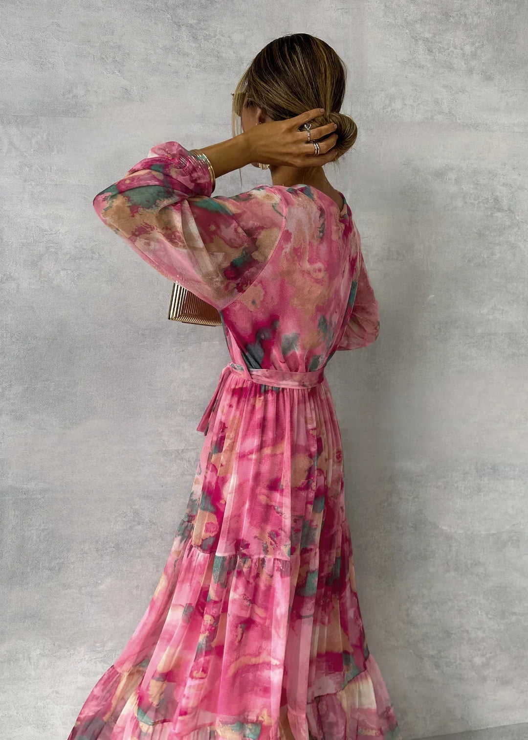Women's Flowing Pleated Maxi Dress with Belt Floral Pattern Elegant Evening Dress 2