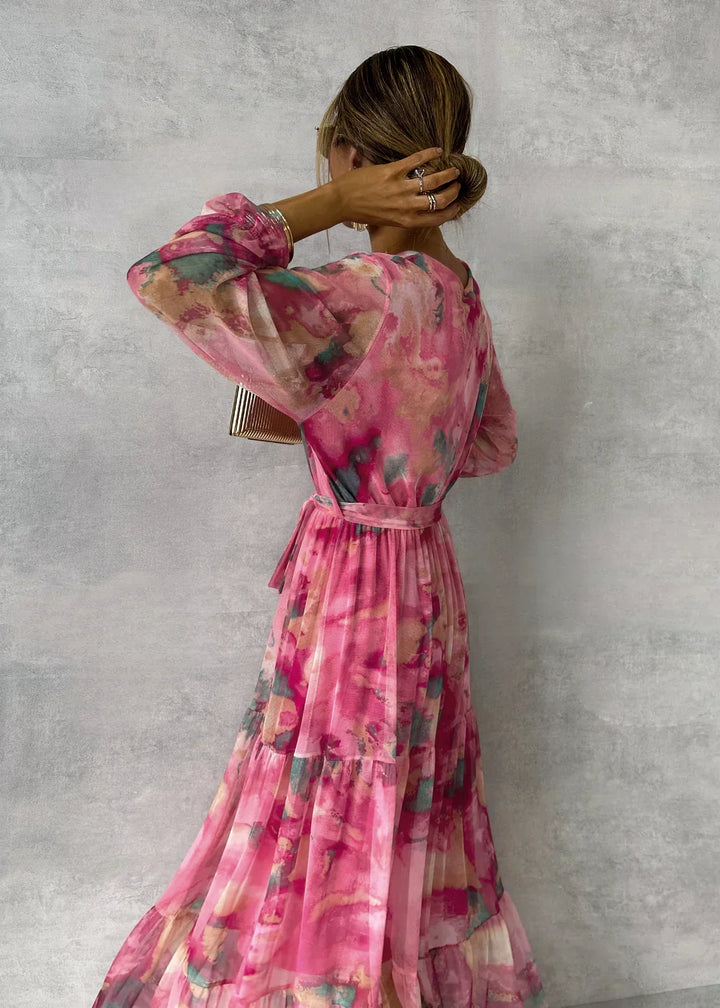 Women's Flowing Pleated Maxi Dress with Belt Floral Pattern Elegant Evening Dress 2