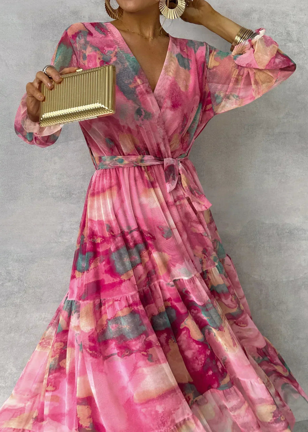 Women's Flowing Pleated Maxi Dress with Belt Floral Pattern Elegant Evening Dress 3