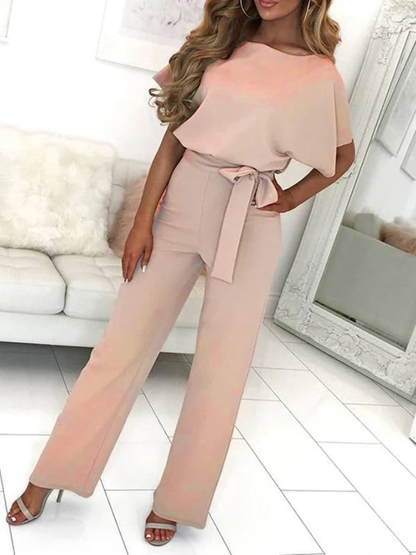 Women's Long Jumpsuit Short Sleeve Ruffled Belt 0