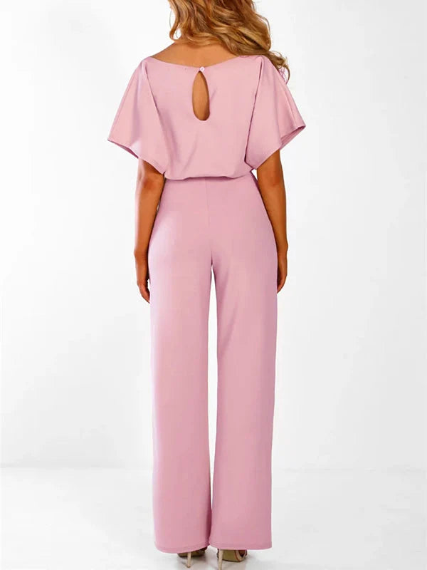 Women's Long Jumpsuit Short Sleeve Ruffled Belt 6