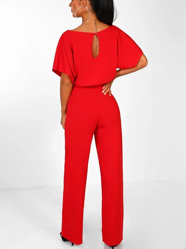Women's Long Jumpsuit Short Sleeve Ruffled Belt 8