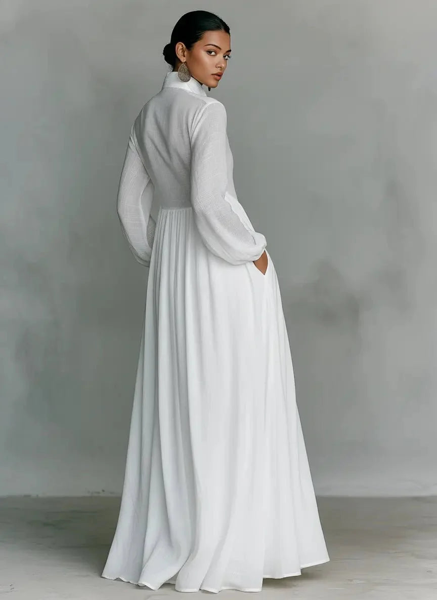 Women's Maxi Dress - Elegant Button-Down Summer Dress with Stand Collar for Casual and Formal Occasions 1