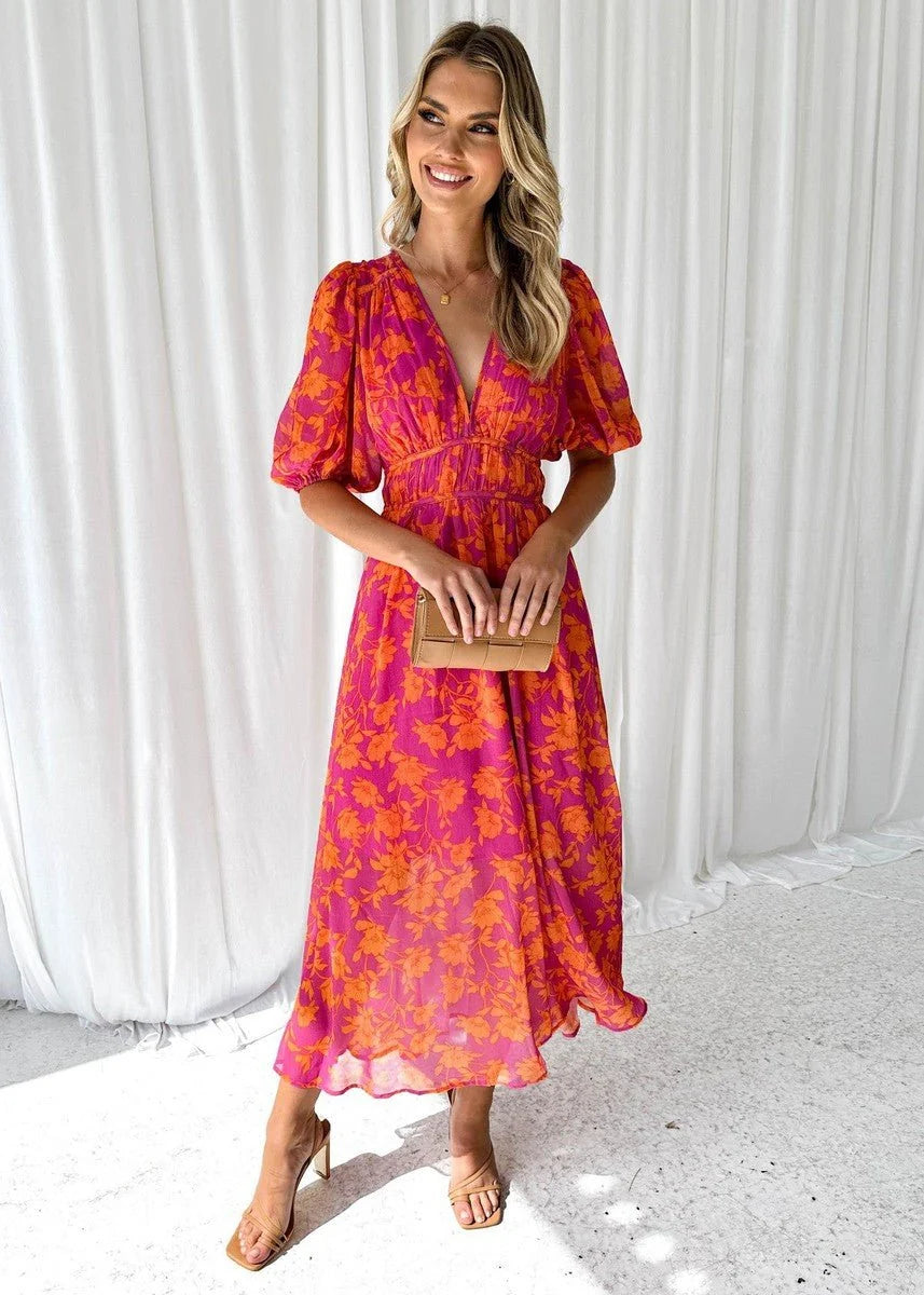 Women's Midi Dress with Puff Sleeves V-Neck Floral Print Elegant Fall Dress 0
