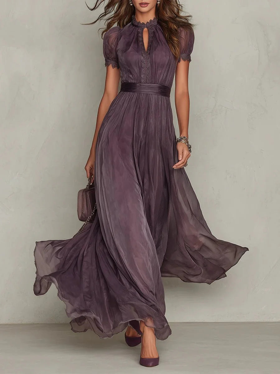 Women's Short Sleeve Keyhole Maxi Dress with Flowing Chiffon Skirt Elegant Evening Gown 0