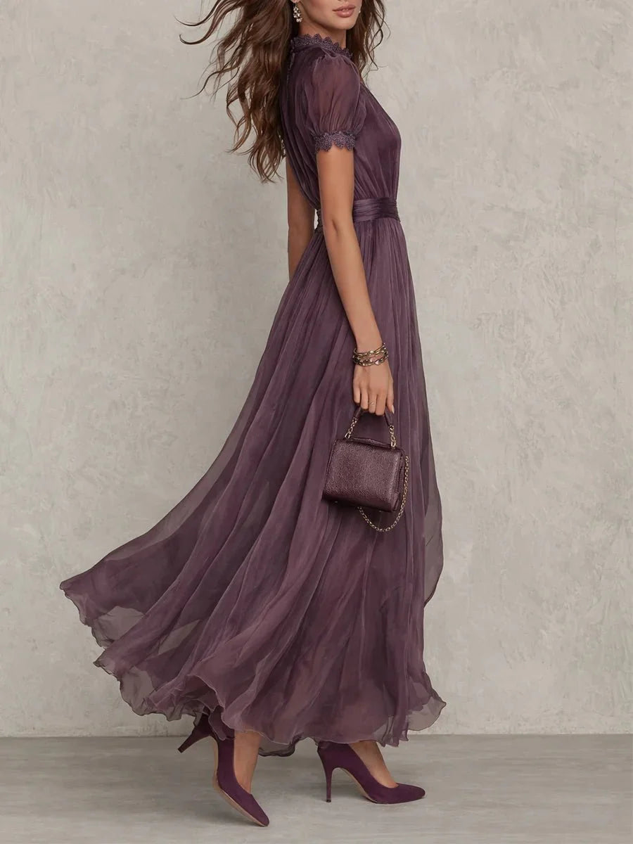 Women's Short Sleeve Keyhole Maxi Dress with Flowing Chiffon Skirt Elegant Evening Gown 1