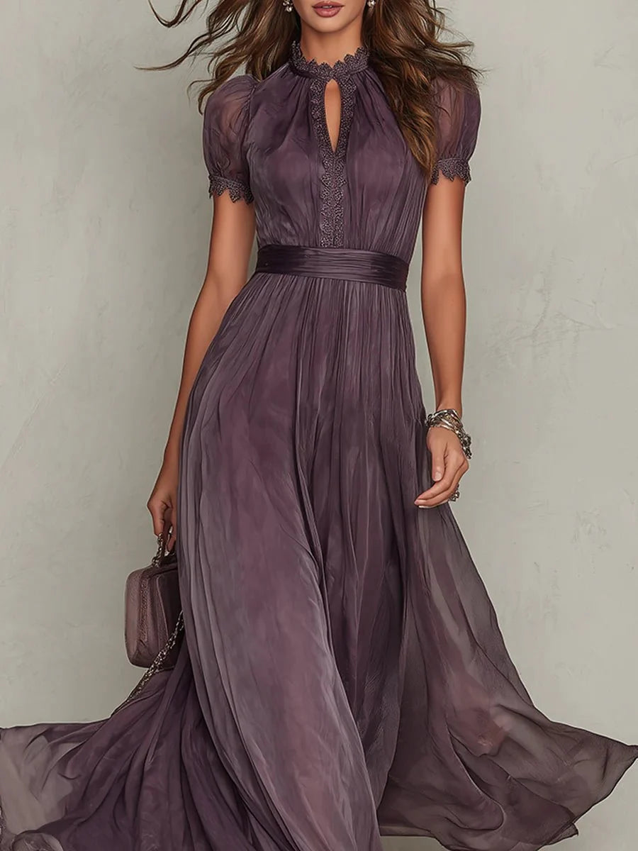 Women's Short Sleeve Keyhole Maxi Dress with Flowing Chiffon Skirt Elegant Evening Gown 3