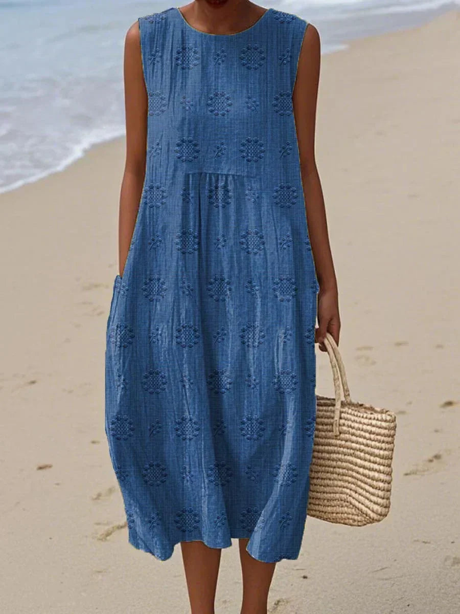 Women's Summer Midi Dress with Textured Design and Pockets - Effortless Style for Warm Weather 1