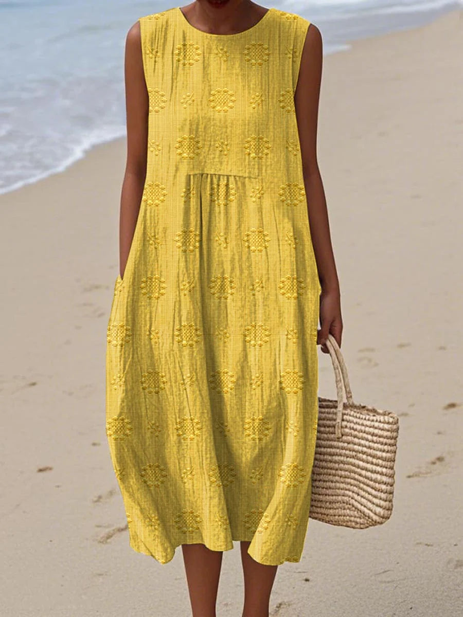 Women's Summer Midi Dress with Textured Design and Pockets - Effortless Style for Warm Weather 2