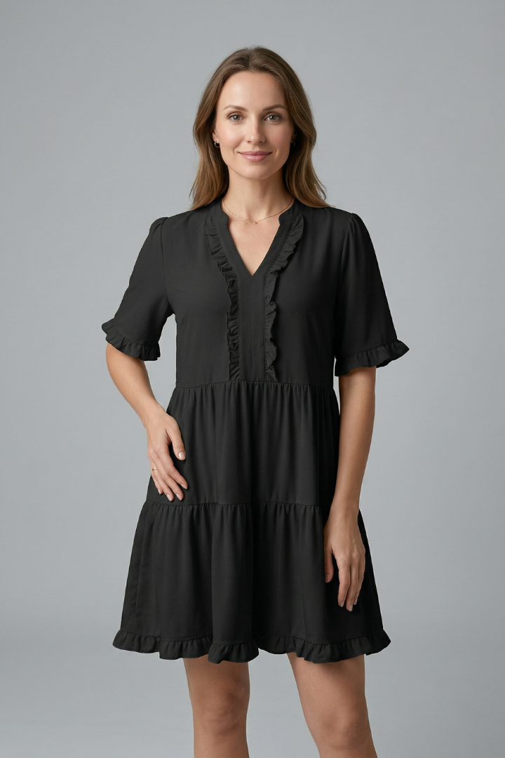 Women’s V Neck Mini Dress with Ruffle Detail and Tiered Skirt 0