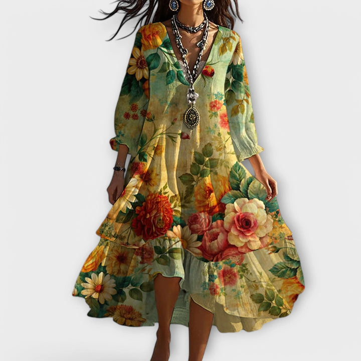 Women’s Vintage Boho V-Neck Autumn Dress Floral Pattern Relaxed Fit 0
