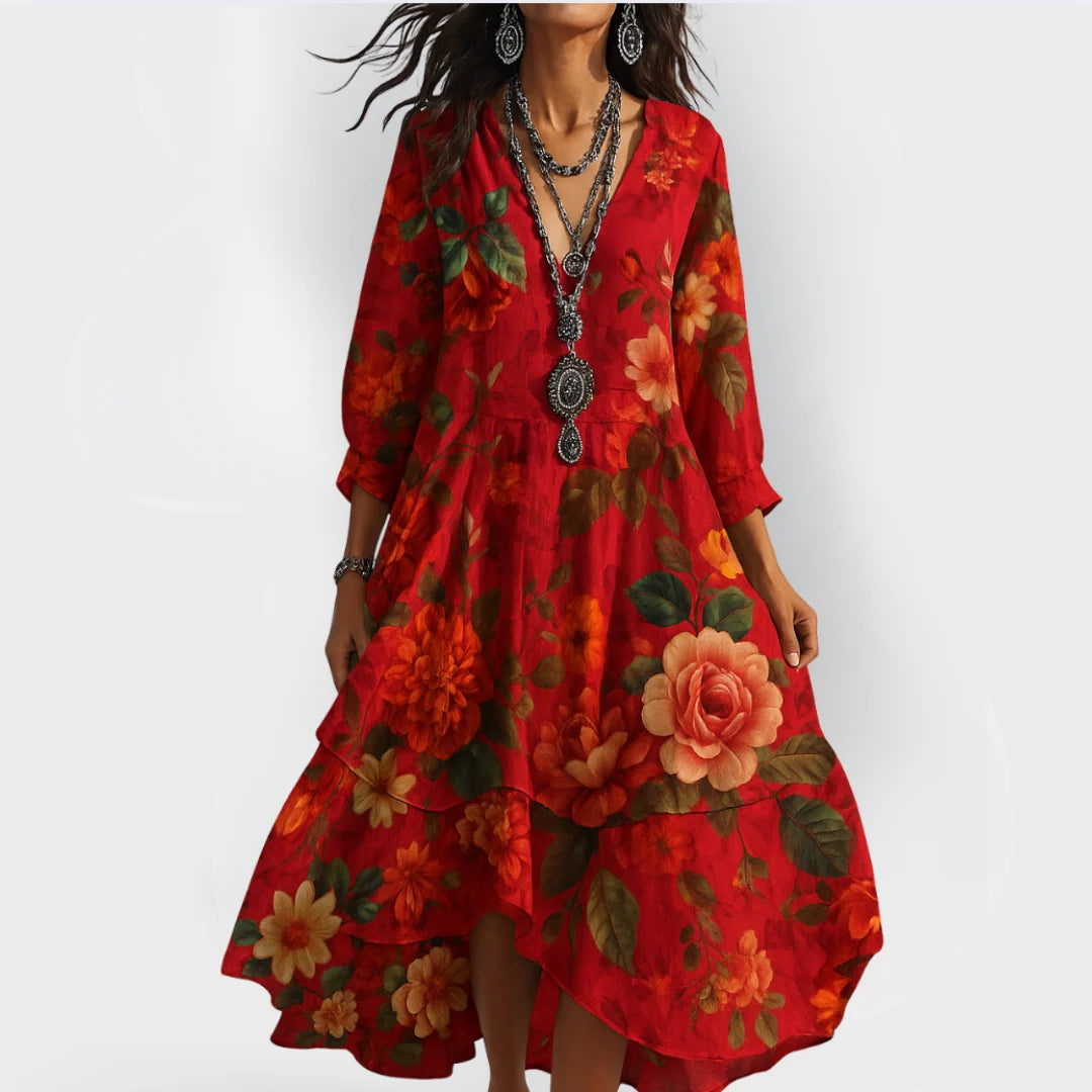 Women’s Vintage Boho V-Neck Autumn Dress Floral Pattern Relaxed Fit 1