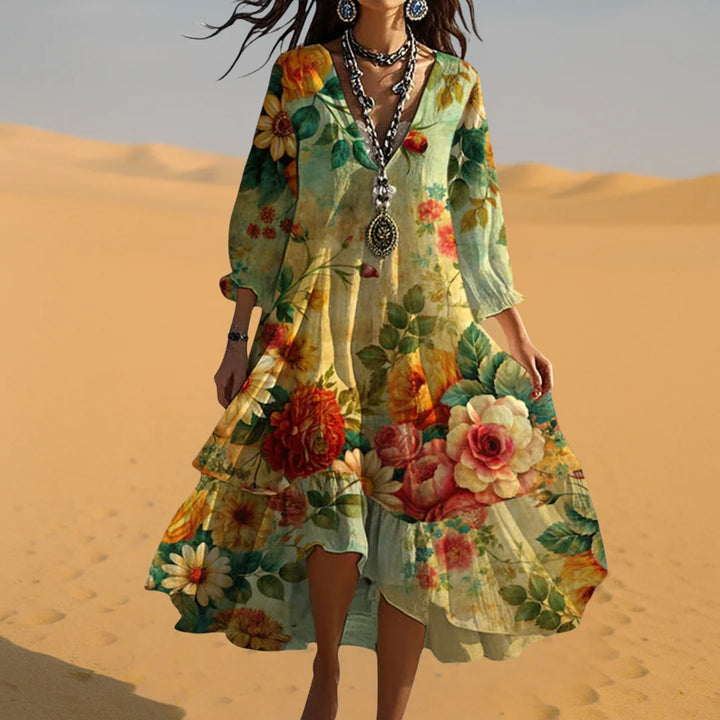Women’s Vintage Boho V-Neck Autumn Dress Floral Pattern Relaxed Fit 2