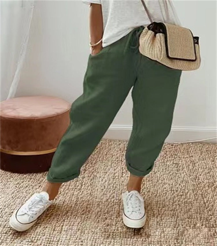 Women's High Waist Wrap Trousers Cropped Tapered with Bow Waistband