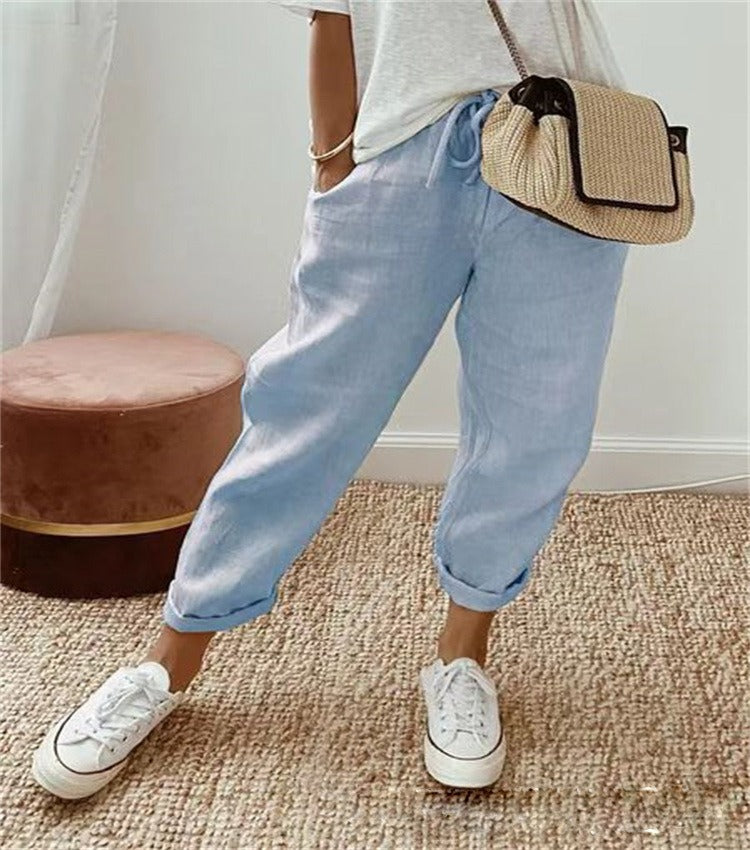 Women's High Waist Wrap Trousers Cropped Tapered with Bow Waistband